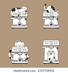 Calico cat espresso machine scene set in four panels. Graphic mascot napping, hanging, pouring, catching drip.