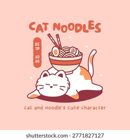 Calico cat lying flat with noodle bowl on back. Ginger and white mascot on coral pink background.