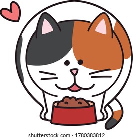 Calico cat moving happily about to eat food. Vector illustration in a flat style