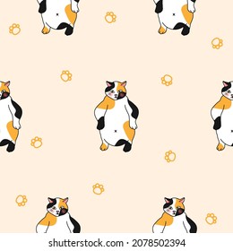 Calico Cat Seamless on Ivory Background Vector Illustration