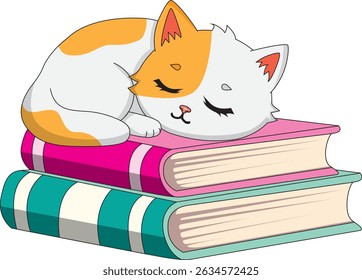 Calico Cat Sleeping On Book Cartoon Vector