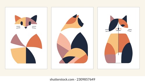 Calico cat wall art vector. Colorful minimalist cat portraits with vibrant colors.