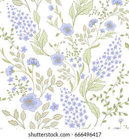 Calico delicate blue green colors pattern. Cute seamless small flowers for fabric design. Calico pattern in country stile. Trendy handpainted millefleurs.