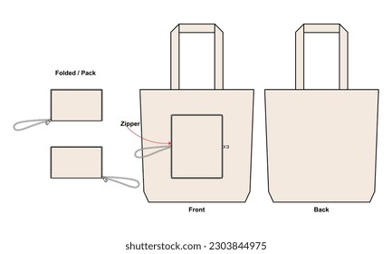 Calico foldable tote bag with zipper template on white background.
Front and back view, vector file