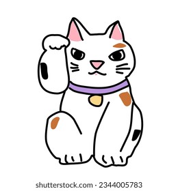 Calico Maneki-Neko on white background. Cute tri-color beckoning cat with white background. Calico Manekineko with collar and bell. Vector illustration with hand-drawn style.