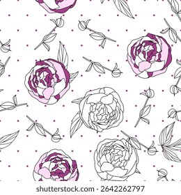 Calico Peonies With Leaves and Buds With Dots. White and Pink Flowers on Pink Polka Dots Background. Vector Seamless Pattern
