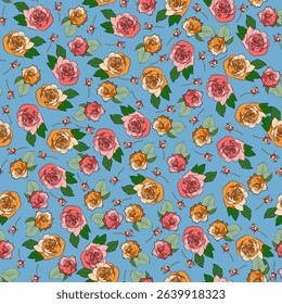 Calico Roses With Leaves and Buds. Small Red and Pink Flowers on Blue Background. Vector Seamless Pattern. 