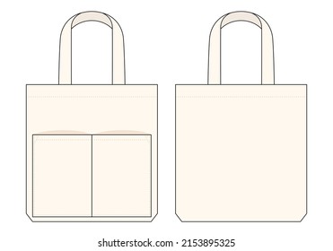 Calico tote bag with double pockets template on white background. Front and back views, vector file.