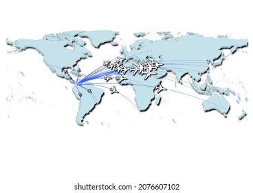 Cali-Colombia en ilustración de vector conceptual, mapa que muestra vuelos desde Cali-Colombia a las principales ciudades del mundo.