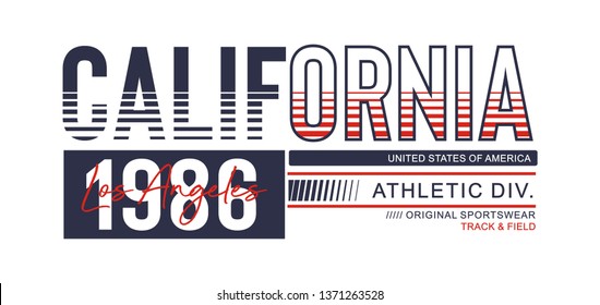 California 1986 typography for t-shirt print and other uses. Athletic design graphic. Vector image.