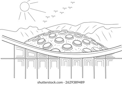 California Academy of Sciences Line Art Illustration, Simples ilustração de desenho de linhas em preto e branco do edifício da Academia de Ciências da Califórnia em Golden Gate Park, São Francisco, apresentando