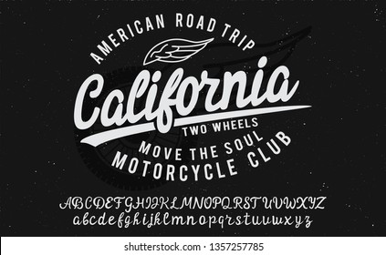 California. American road trip. Motorcycle club badge. Hand made logotype. Hand made script font.