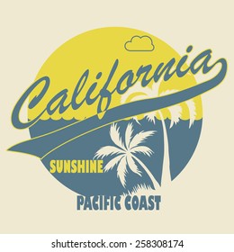 California apparel t-shirt fashion design, Palm trees on the Beach. Typographic art Silhouette. Creative design. Vector template concept