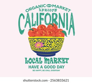 California apricot fruit artwork. Fresh Apricot fruit print design. Organic farm. Local market print. Sweet and juicy organic fruit artwork for for t-shirt. Fruit vintage t-shirt design.