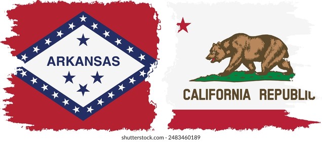 California and Arkansas states grunge brush flags connection, vector