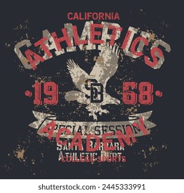 California athletic academy college sport grunge estampado de Vector vintage. para hombre chico sport use camiseta sudadera