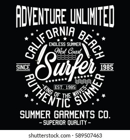 California authentic summer, adventure unlimited, surfer typography, t-shirt graphics, vectors