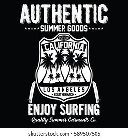 California authentic summer goods, enjoy surfing typography, t-shirt graphics, vectors