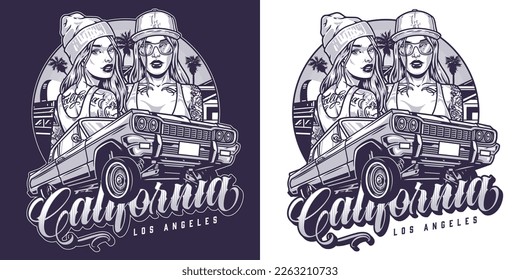 California auto lady flyer monochrome for car show from Los Angeles with two girls in youth clothes vector illustration