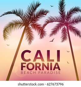 California background with palm. Vector background beach. Summer tropical banner design. Paradise poster template illustration.