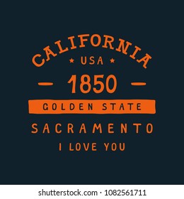 CALIFORNIA BADGE. Design fashion apparel on light background. T shirt graphic vintage vector illustration label logo template.