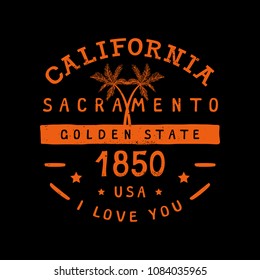 CALIFORNIA BADGE. Design fashion apparel on light background. T shirt graphic vintage vector illustration label logo template.
