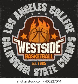 California Basketball Team t-shirt graphics, College Basketball Championship grunge Emblem, Basket Ball on Fire Sport Athletics typography stamp, vintage Basketball sport-wear, Basket-ball tee print