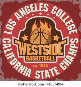 California Basketball Team t-shirt graphics, College Championship grunge Emblem, Basket Ball on Fire Sport Athletics typography stamp, vintage sport-wear tee print design