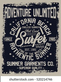 California beach, authentic summer, superior quality typography, t-shirt graphics, vectors