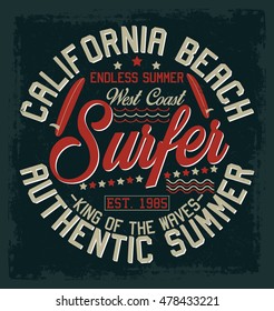 California  beach, authentic summer, surfer typography, t-shirt graphics, vectors