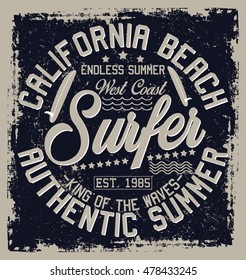 California  beach, authentic summer, surfer typography, t-shirt graphics, vectors