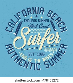 California  beach, authentic summer, surfer typography, t-shirt graphics, vectors