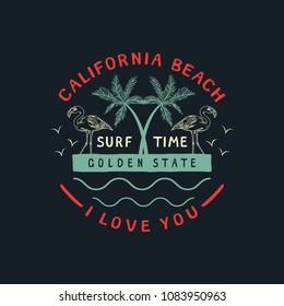 California beach badge. Handmade palms trees retro style. Design fashion apparel on light background. T shirt graphic vintage vector illustration label logo template. Badge with palm.
