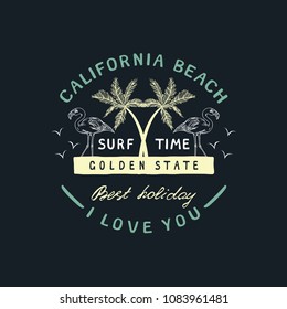 California beach badge. Handmade palms trees retro style. Design fashion apparel on light background. T shirt graphic vintage vector illustration label logo template. Badge with palm.