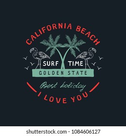 California beach badge. Handmade palms trees retro style. Design fashion apparel on light background. T shirt graphic vintage vector illustration label logo template. Badge with palm.