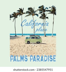 California Beach city summer time, summer beach sunshine vector print design artwork, Beach Paradise Print T-shirt Graphics Design, typography slogan on palm trees background Vector Formats