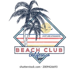 California beach club graphic design. Palm vibes vector artwork. Summer outdoor at the beach.