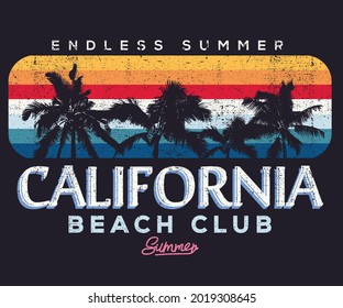 California beach club retro t shirt design. Palm tree beach vacation artwork. 