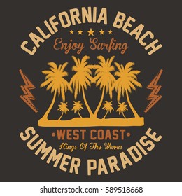 California beach, enjoy surfing, summer paradise typography, t-shirt graphics, vectors