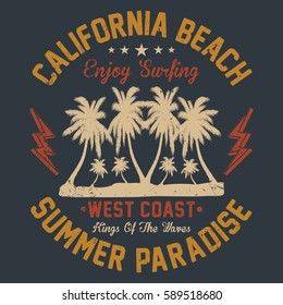 California beach, enjoy surfing, summer paradise typography, t-shirt graphics, vectors