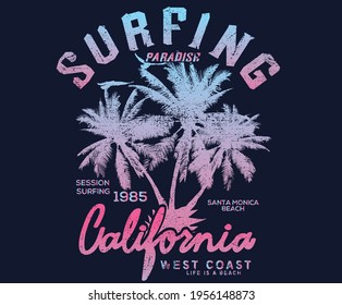 California beach  gradient palm tree vector design. Summer look apparel design. tee print vector design with typography.