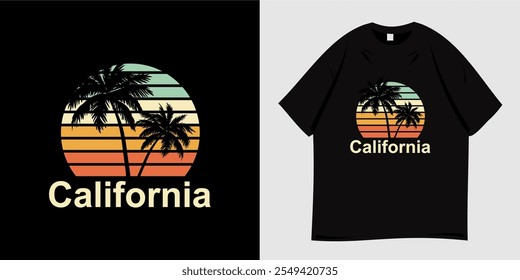 California beach graphic t-shirt design. Summer clothing vector illustration with palm tree silhouette and sun symbol. Ready to print for t-shirt, apparel, tee, clothing and fashion.