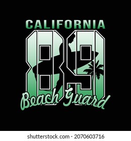 California beach guard print t-shirt. The slogan on the backdrop of palm trees and sunset. Beautiful vector illustration