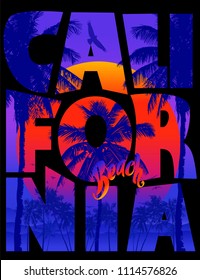 California beach - lettering with double exposure, depicting palm trees, beach, sunset or sunrise. Print on a T shirt in retro style