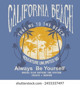 California Beach with palm tree Forest, summer typography slogan text print artwork, vintage outdoors t-shirt print design, sunshine beach inside the palm tree