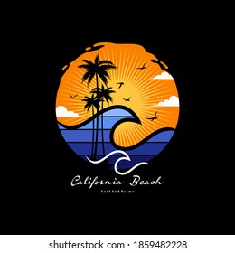 CALIFORNIA BEACH with palm trees vector illustration for t-shirt and other uses.
