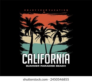 California Beach Paradise summer sunshine typography with gradient palm tree black background for t shirt graphic Print Design Vector Poster, banner, streetwear and screen printing.