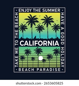 California Beach Paradise. Projeto gráfico de impressão Sunshine paraíso. Design de clube de surfe.
