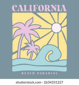 California Beach Paradise, texto com uma ilustração de ondas, para impressões de camisetas, cartazes. Ilustração Summer Vetor.	