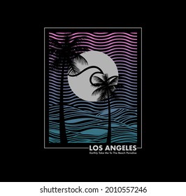 CALIFORNIA The Beach Paradise  - vector illustration in vintage graphic style for t-shirt and other print production. Palms, wave and sun creative logo badge. Summer vacation concept. Design elements